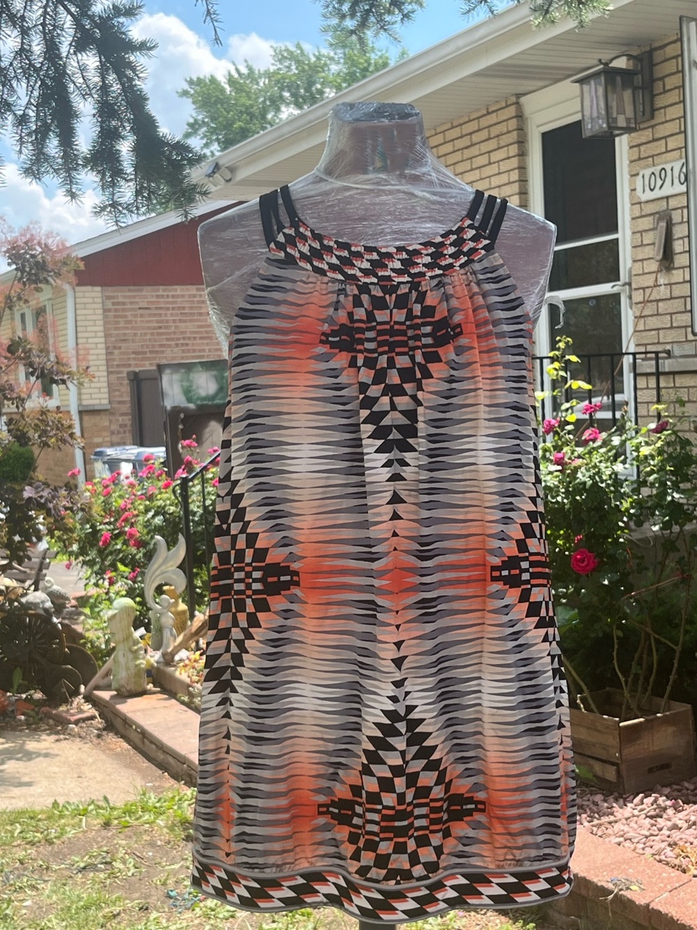 Sleeveless Geometric Print Halter Dress in Black, White & Orange